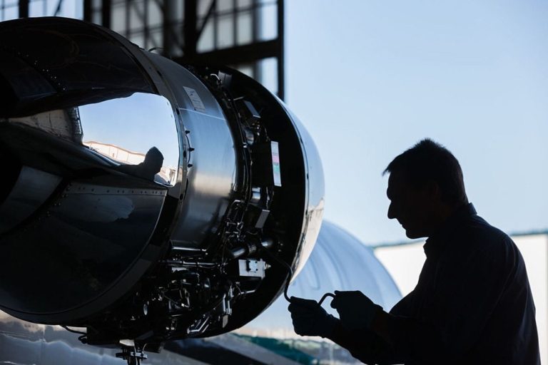 Engine Silhouette with Aircraft Mechanic, Engine Borescope Inspection