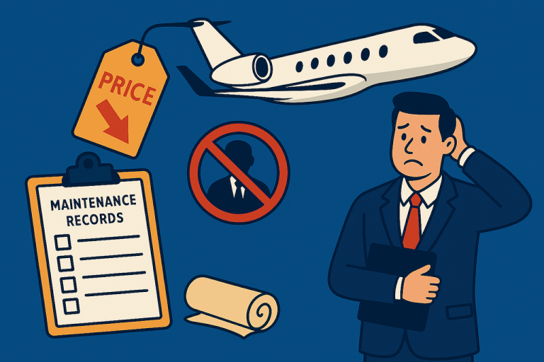 3 killers of jet sales - illustration of broker, maintenance records, price tag, aircraft - the jet agent